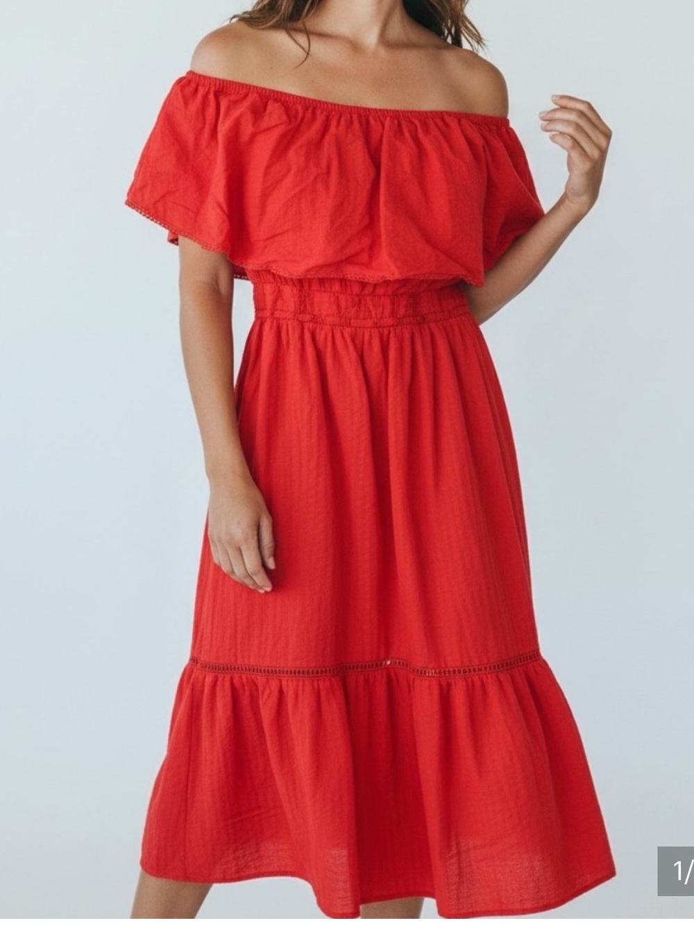 NWT Lucy Paris Red Off-the-Shoulder Boho Tiered Midi Dress
